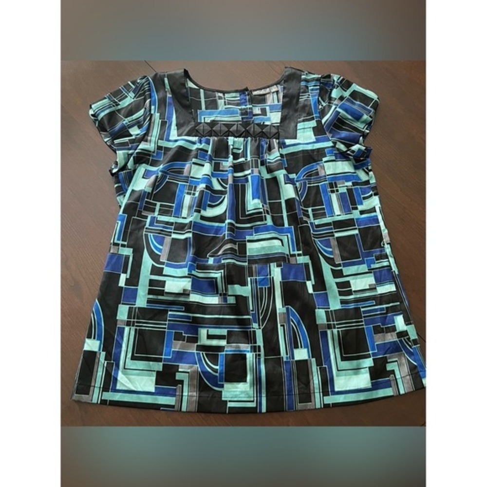 Apt. 9 Blue Geometric Print Square Neck Blouse Faux Leather Trim Large